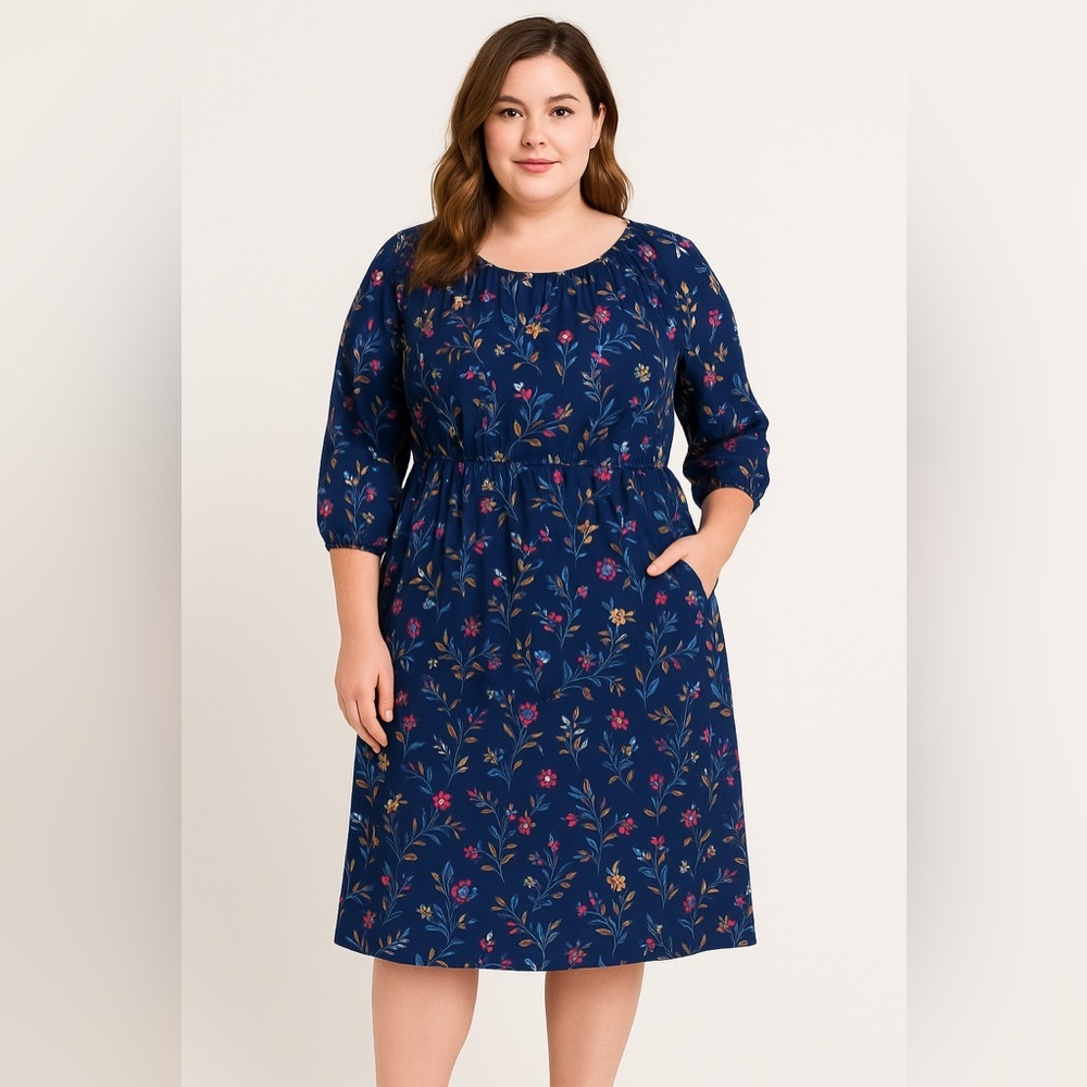 Fraiche by J floral dress navy three quarter sleeve round neck, size 2X